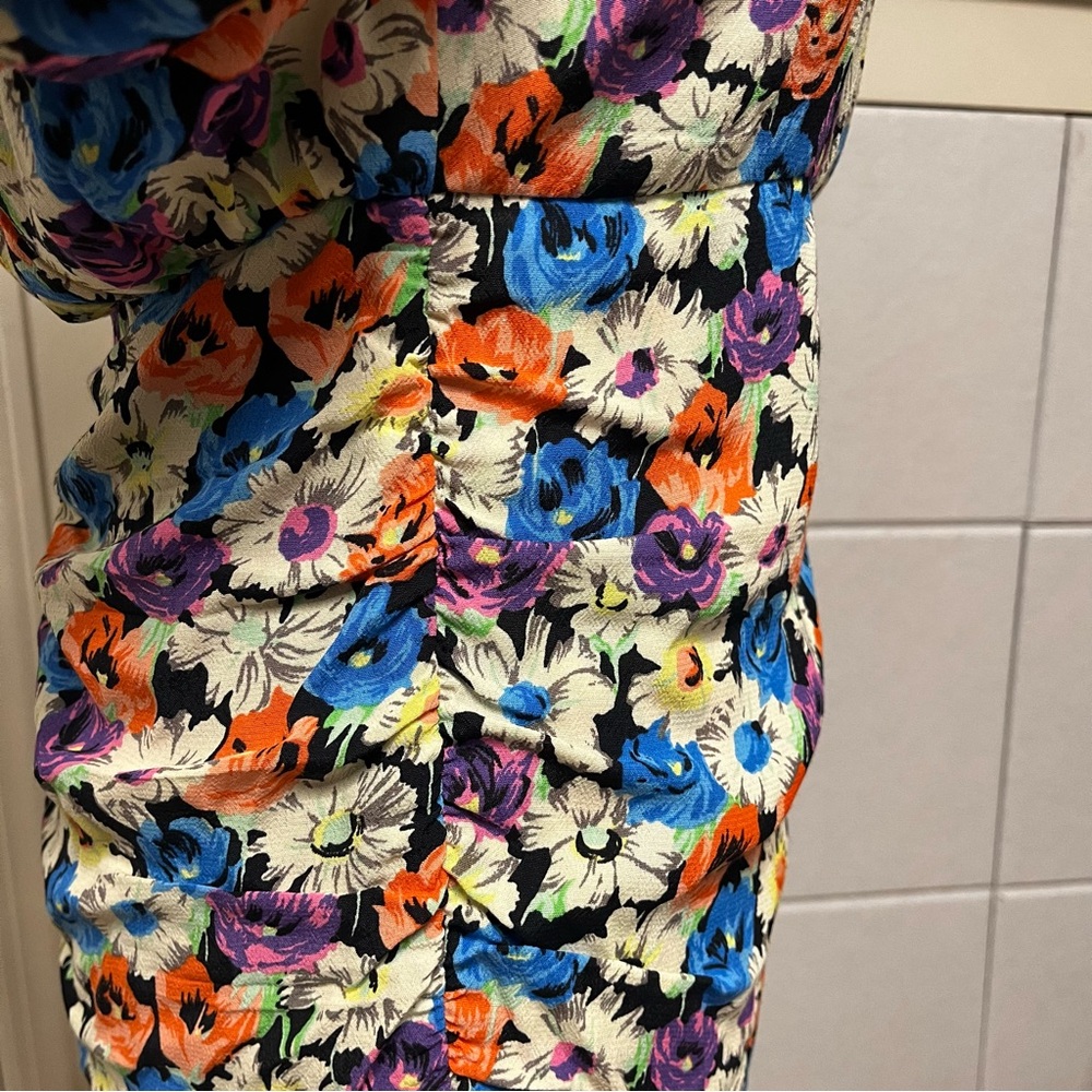 Zara Multicolor Floral Long Sleeve Ruched Mini Dress Size Medium - Picture 13 of 16
